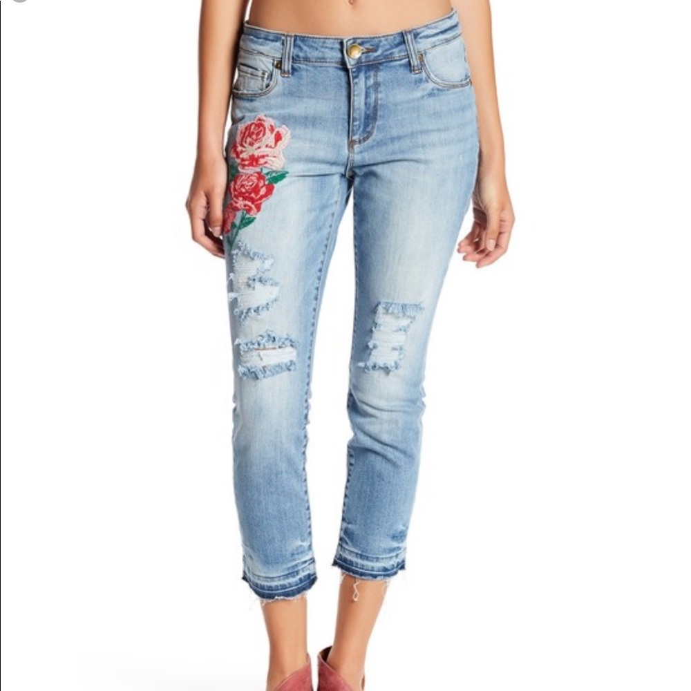 KUT from the Kloth Reese Ankle Straight Leg embroidered Jeans roses